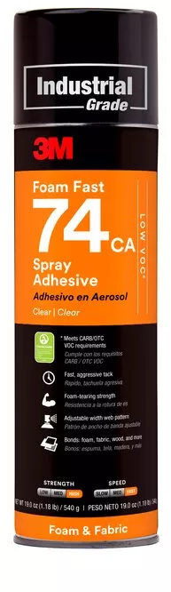 3M™ Foam Fast Spray Adhesive 74CA, Low VOC less than 25%, Clear, 24 fl oz (Net Wt 19 oz), 12 Can/Case (Case of 12) Ground service only. Air shipping is not available for this item. SKU 7100014108