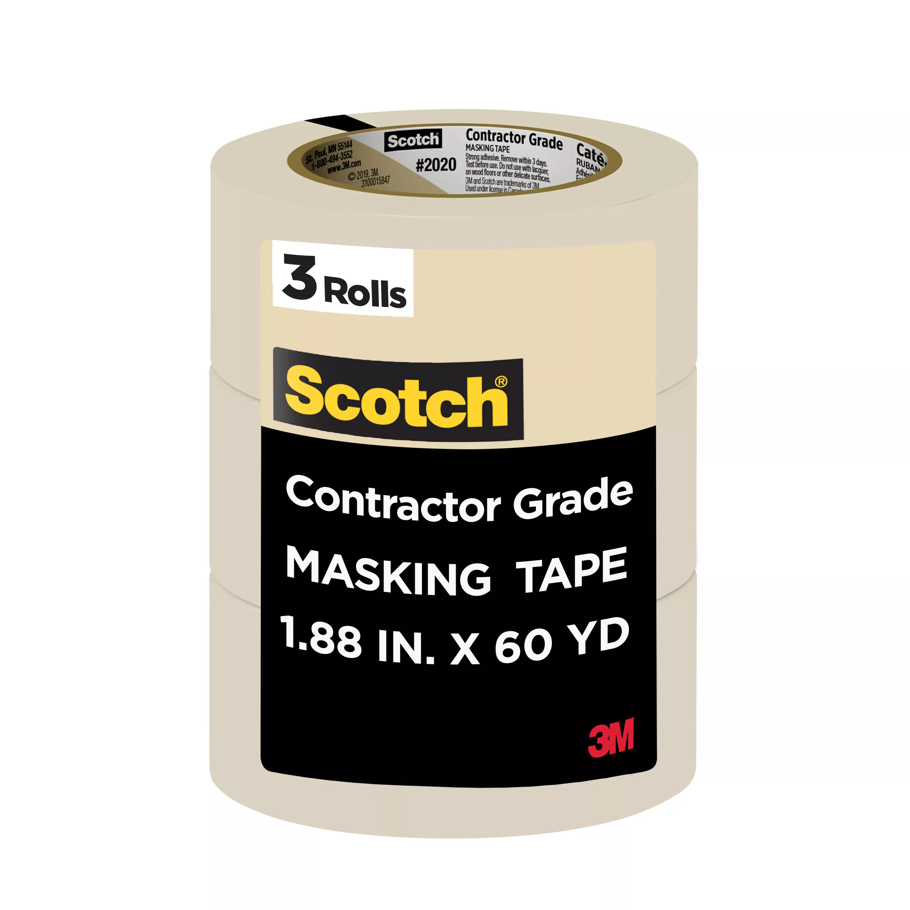 Scotch Contractor Grade Masking Tape 2020-48EP3, 1.88 in x 60.1 yd (48mm x 55m), 3 rolls/pack